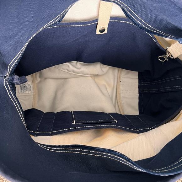 Lands’ End yellow and white striped thick canvas tote bag with navy blue trim - Picture 4 of 8